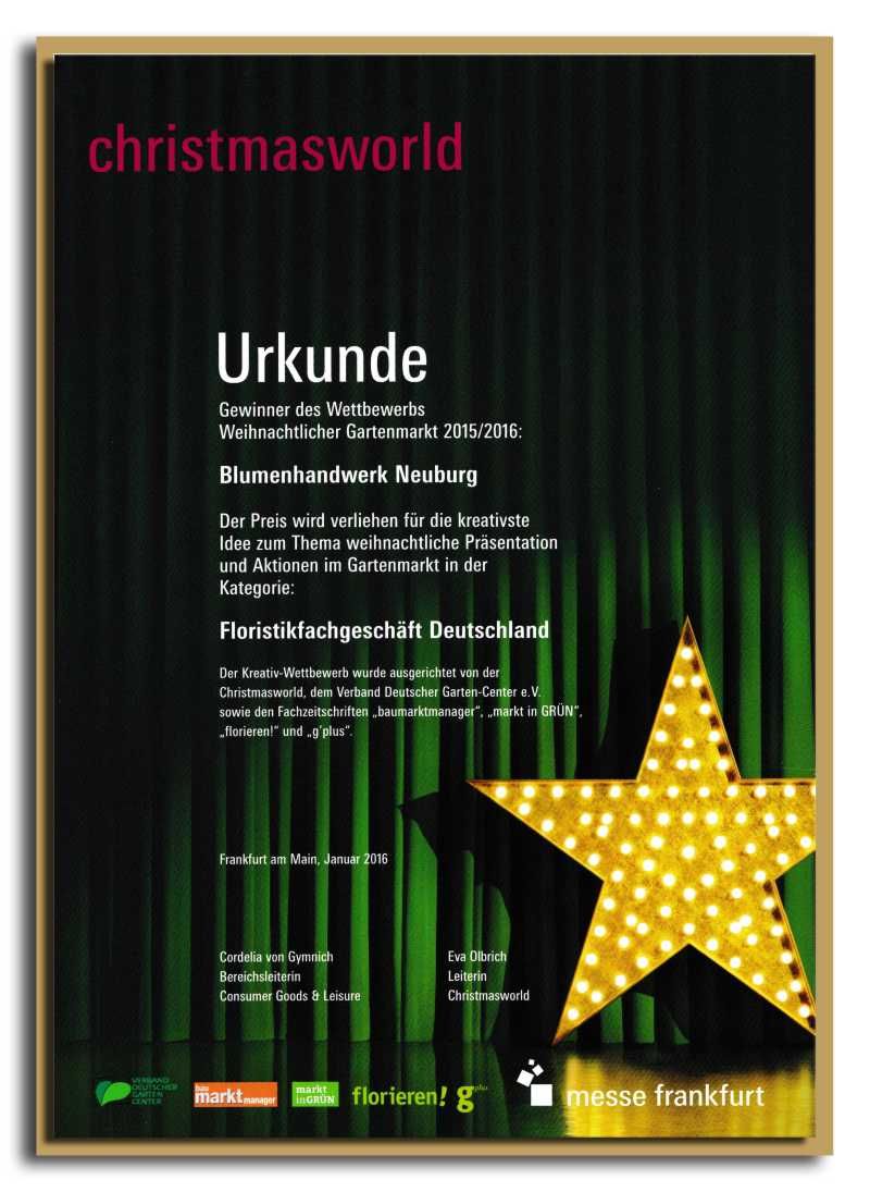Urkunde Wettbewerbsgewinner Weihnachtlicher Gartenmarkt