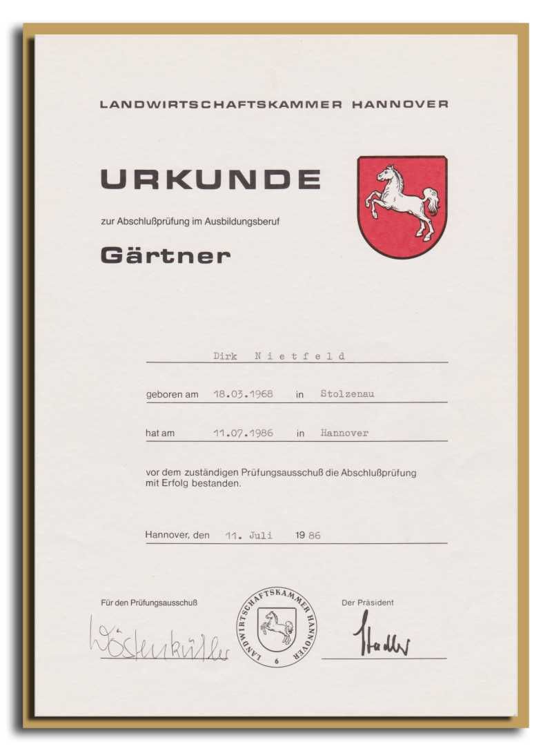 Abschlussurkunde Gärtner Dirk Nietfeld